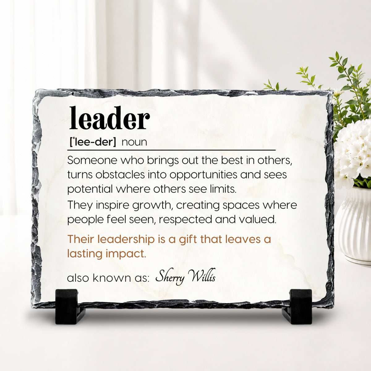 Leadership gift personalized with leader name on stone slate