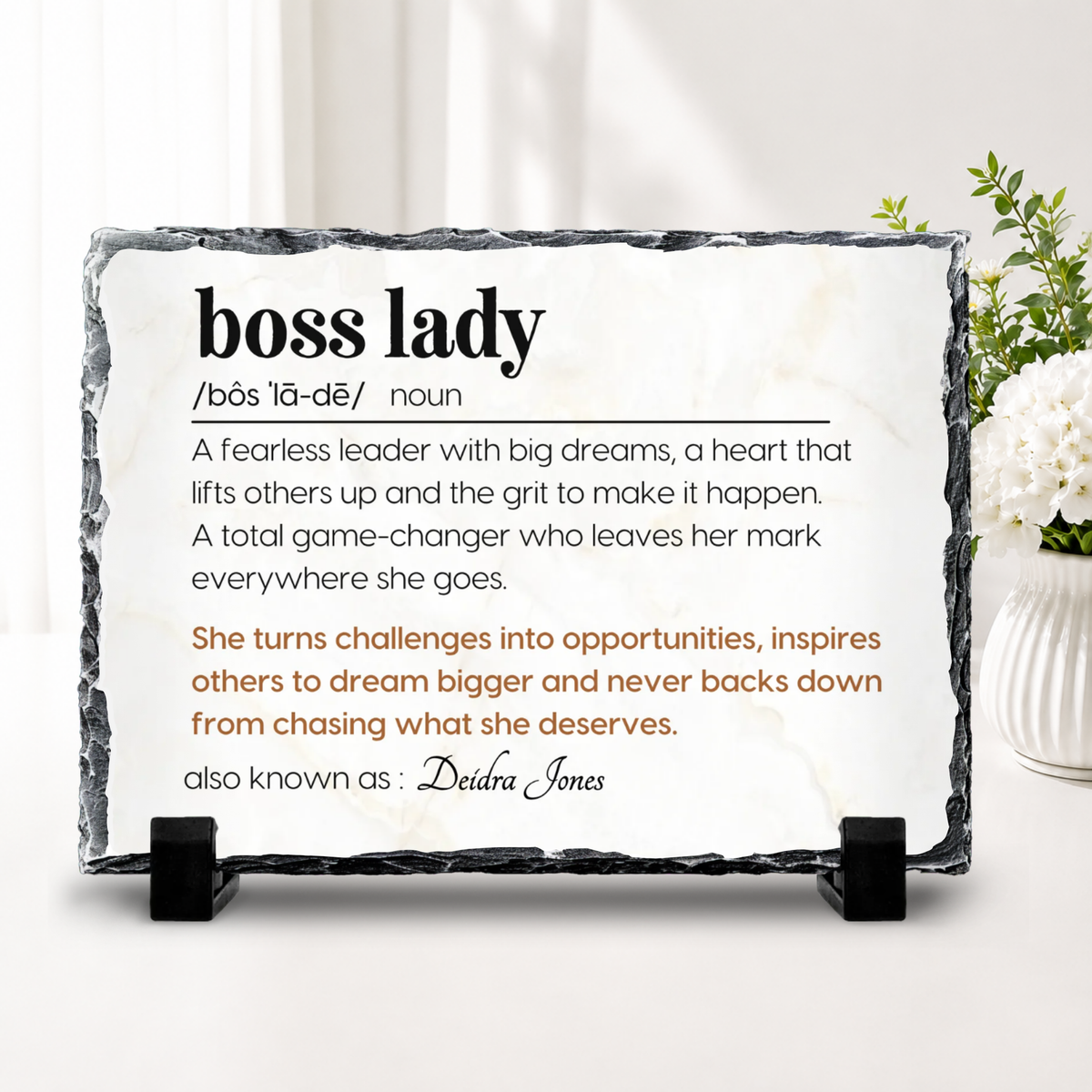 Inspirational Boss Lady plaque displayed as a female boss appreciation gift