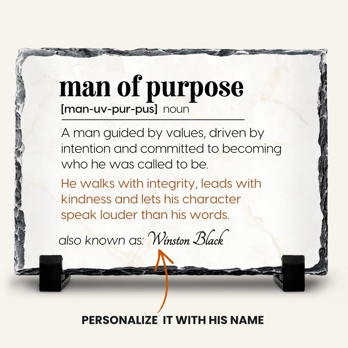 Personalized stone plaque celebrating character and purpose