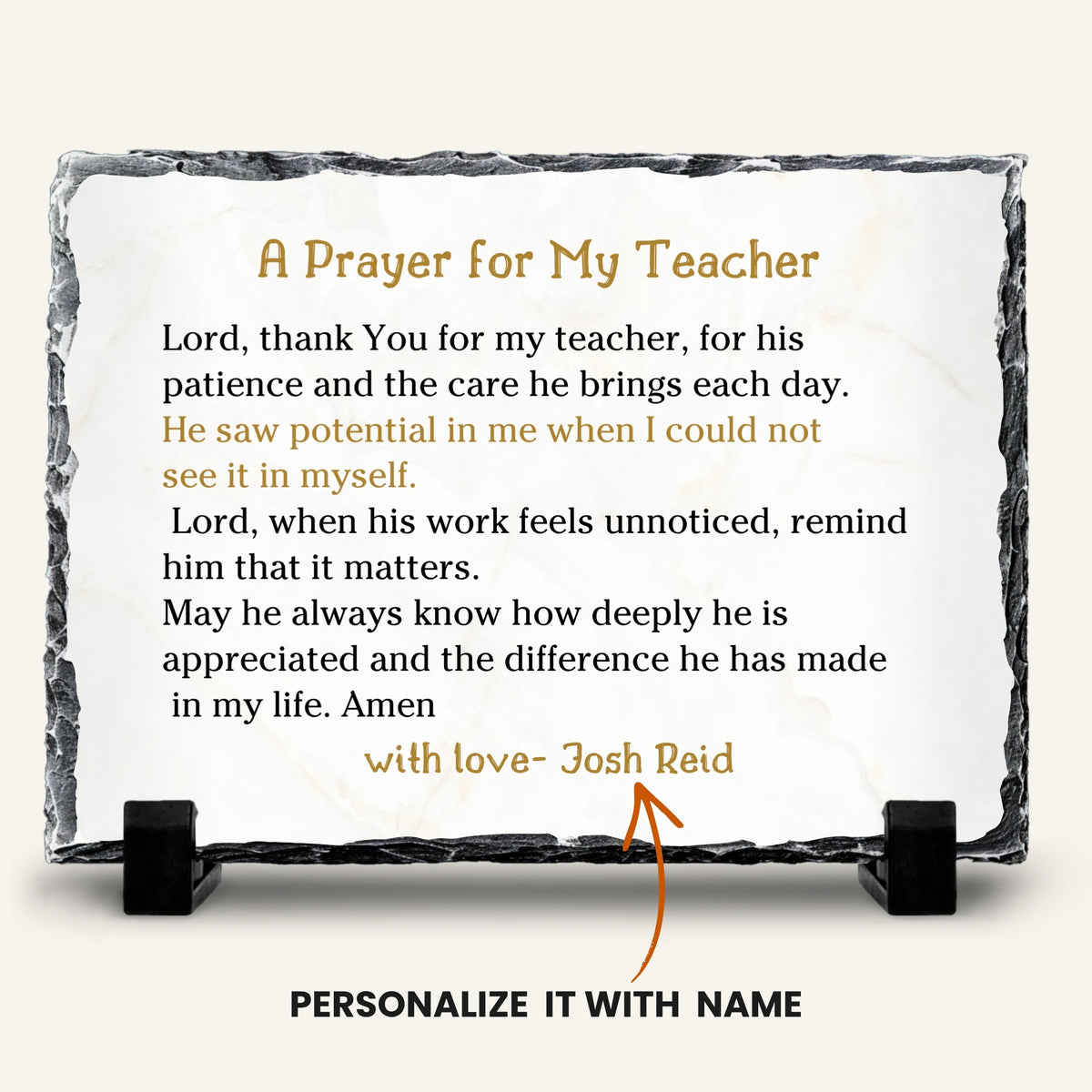 Personalized teacher appreciation stone plaque with display stand