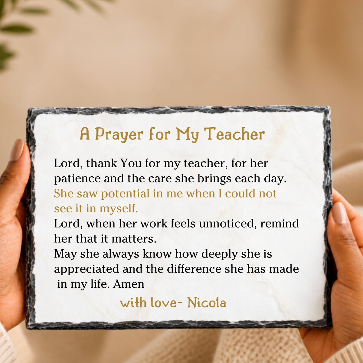 End of year teacher prayer gift on natural stone slate