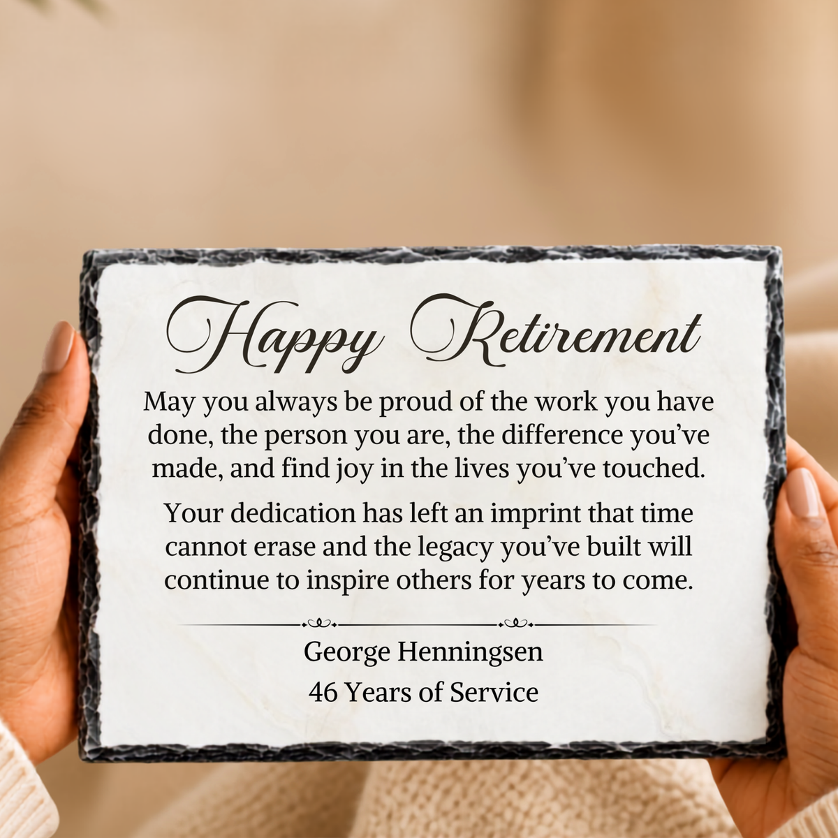 Years of service retirement plaque on natural stone